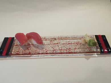 sushi plate-clear with red vine and spots red blk handels