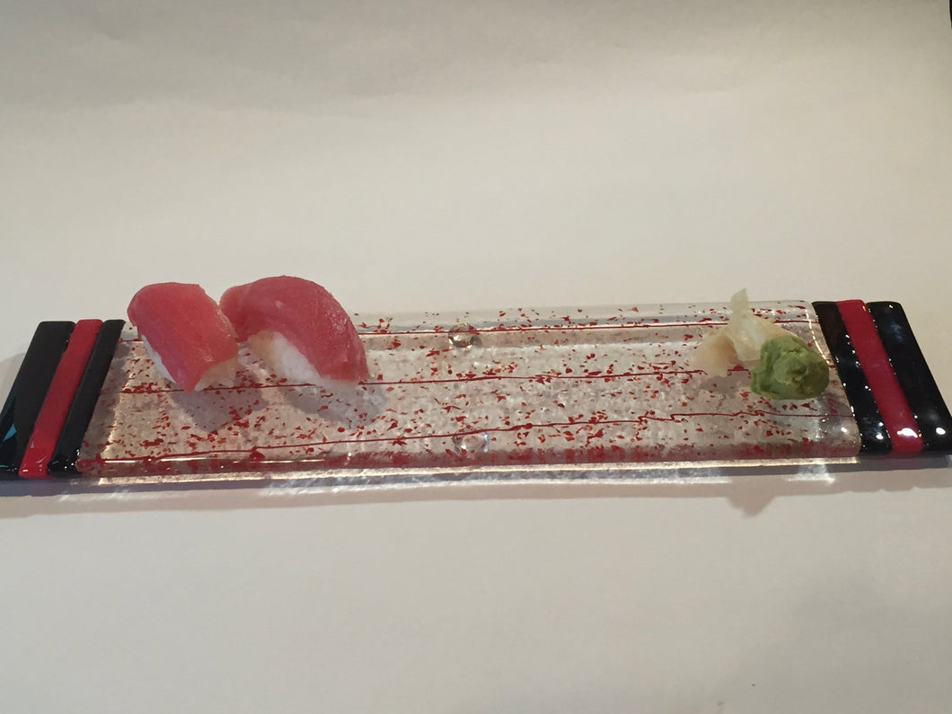 sushi plate-clear with red vine and spots red blk handels